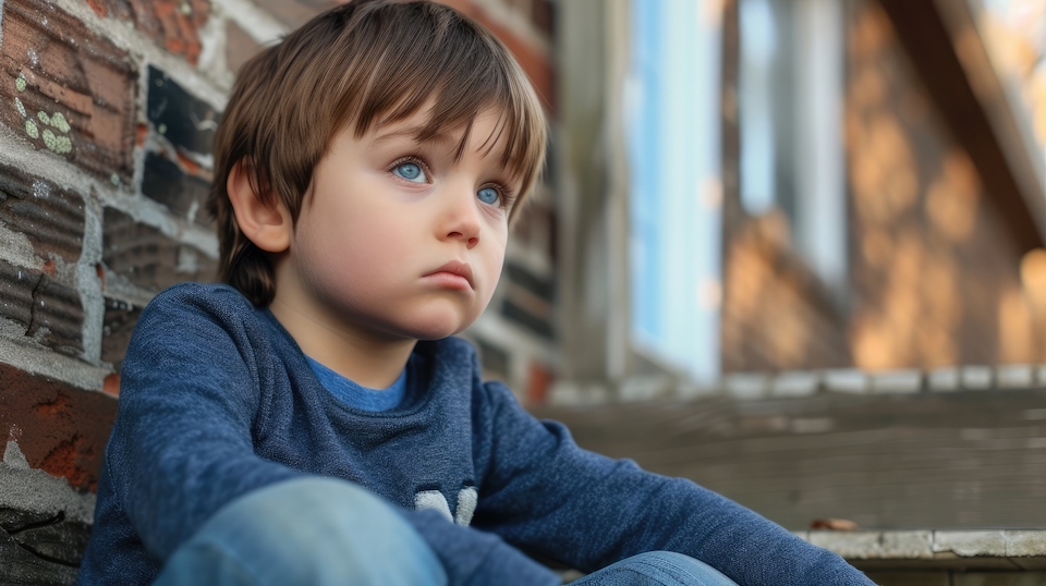 A young boy sitting on a doorstep his eyes staring off into the distance lost in thought about the struggles his family faces